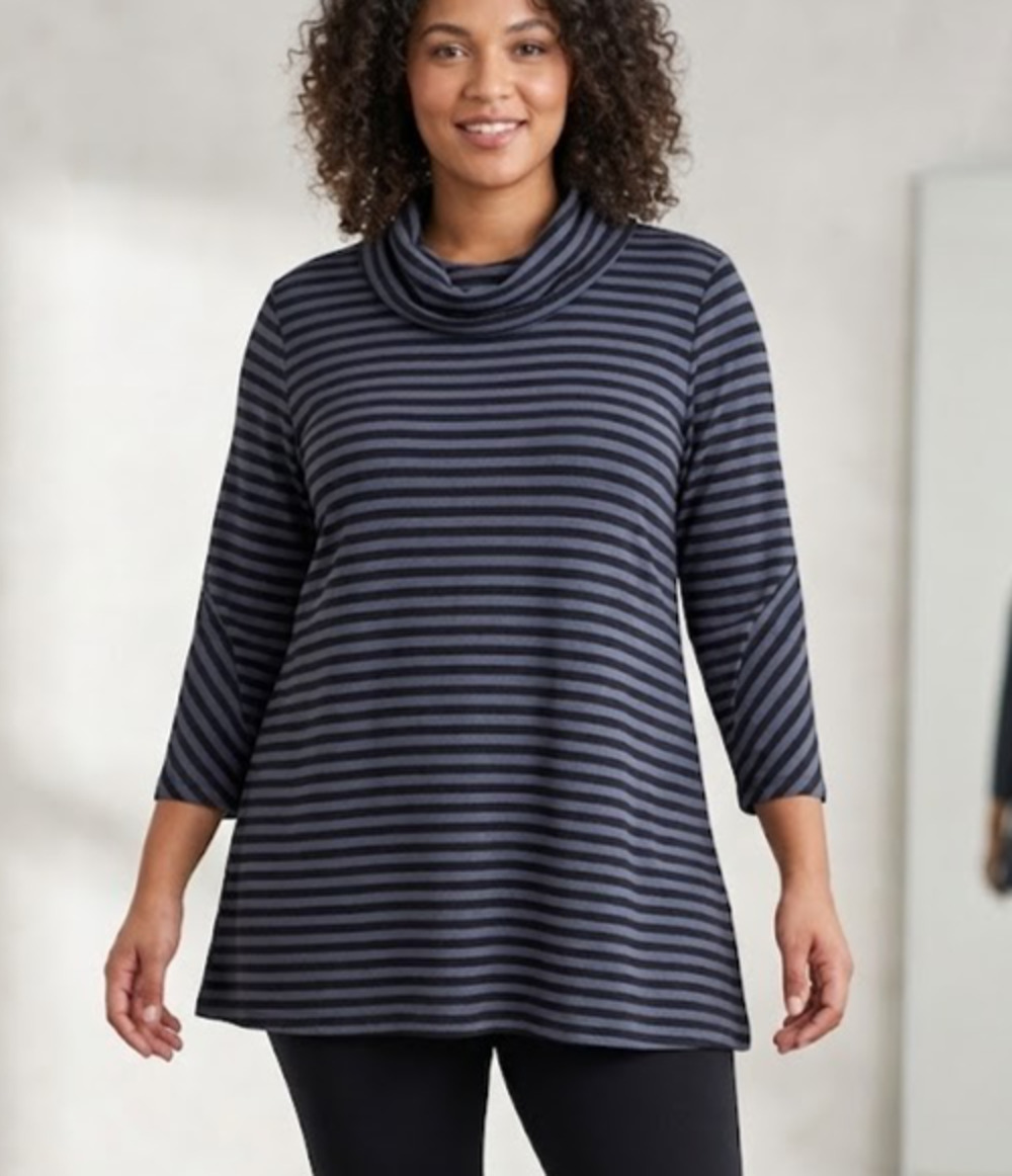 Talbots XL Blue Black Striped Cowl Neck Top 3/4 Sleeve Knit Tunic Womens Casual
